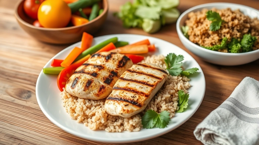 Healthy meal preparation scene with grilled chicken breast, colorful vegetables, brown rice on white plate, fresh ingredients visible, natural lighting on wooden table, nutritious food composition