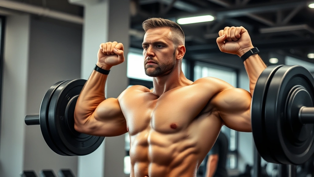 Man performing deadlift exercise in modern gym with proper form, focused expression, professional lighting highlighting muscle definition and physique