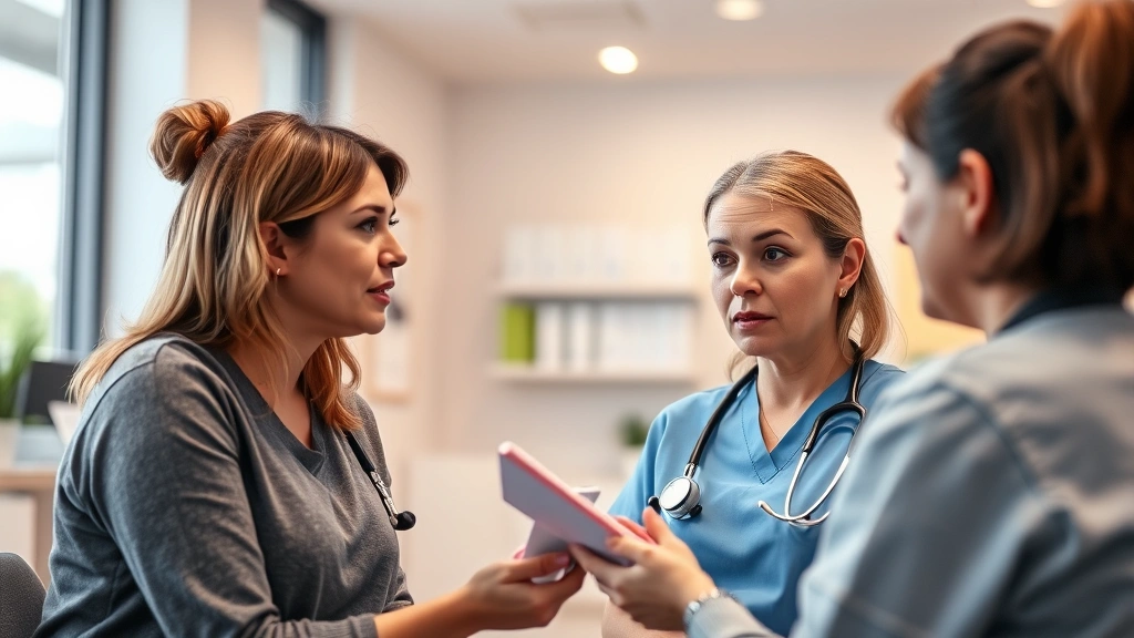 A woman in medical scrubs discussing medication options with a patient in a bright, modern clinic office setting, warm lighting, both appearing engaged and informed during consultation.