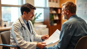 Professional healthcare setting with a doctor reviewing medical charts and discussing treatment options with a patient in a clinic office, warm lighting, friendly atmosphere, no visible text or numbers