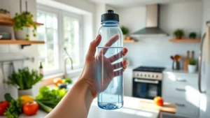 Person holding a water bottle in a bright, modern kitchen with fresh vegetables and healthy foods visible on the counter, natural daylight streaming through windows, professional wellness photography