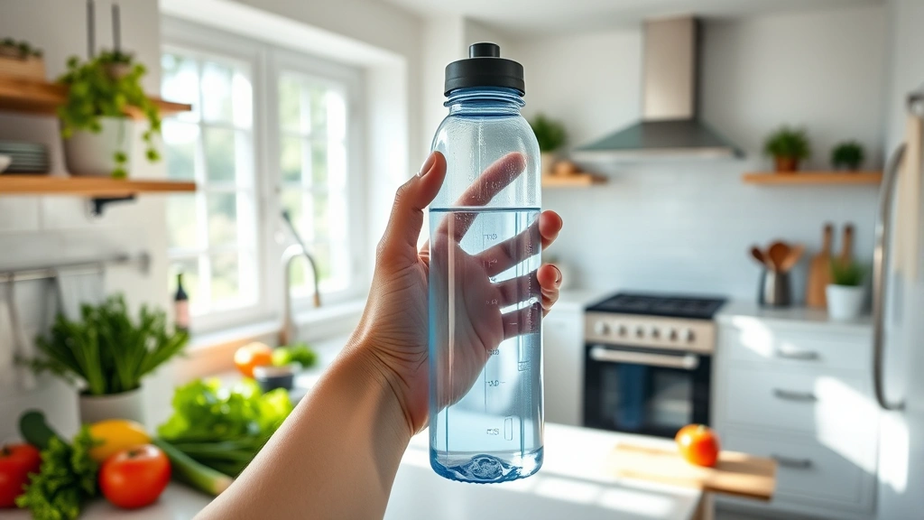 Person holding a water bottle in a bright, modern kitchen with fresh vegetables and healthy foods visible on the counter, natural daylight streaming through windows, professional wellness photography