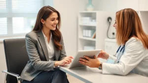 A professional woman in business casual attire sitting in a bright, modern medical office with a healthcare provider, both smiling, discussing treatment options with a tablet showing health data on the desk between them
