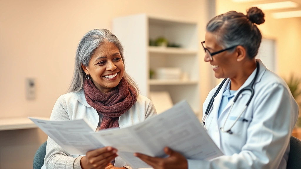 A diverse middle-aged woman in a clinical setting with a healthcare provider reviewing medical charts and discussing medication options, warm lighting, professional atmosphere, both smiling