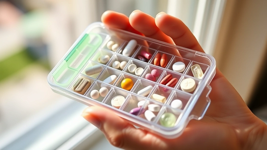 Close-up of a person's hand holding a daily medication organizer with various pills and tablets, natural daylight streaming through a window, representing medication management and daily health commitment.