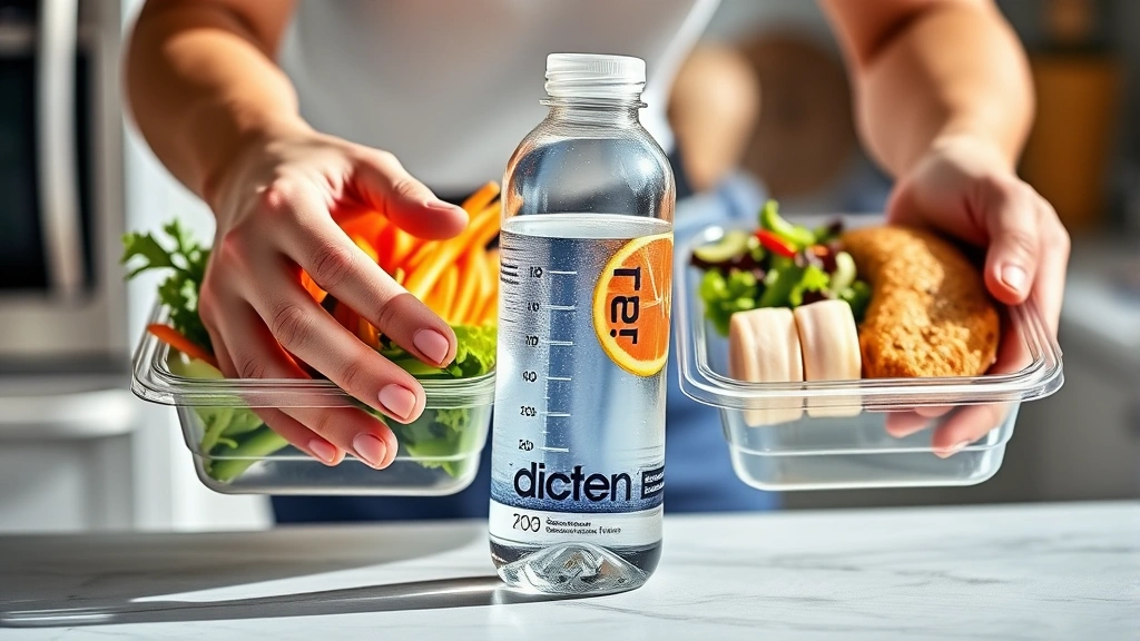 Close-up of hands holding a water bottle and healthy meal prep containers with fresh vegetables and lean protein, bright natural lighting, clean kitchen background, promoting hydration and nutrition