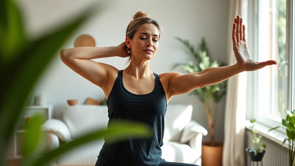 Woman doing gentle yoga or stretching exercise in a calm home environment with natural light, green plants visible, peaceful and supportive atmosphere, focus on wellness and self-care