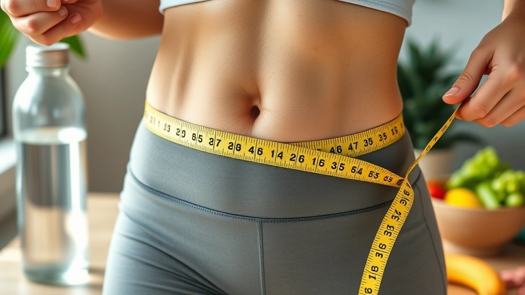 Close-up of a person's midsection showing fitness progress, measuring tape, healthy lifestyle context with water bottle and healthy food nearby, natural daylight, motivational but realistic