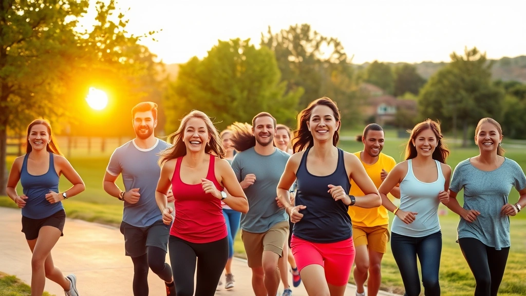 A diverse group of people jogging together in a scenic park during golden hour, smiling and energetic, surrounded by green trees and natural landscape, embodying healthy lifestyle and cardiovascular wellness.