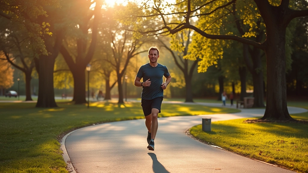 Person jogging outdoors in a park during early morning with fresh green surroundings, sunlight filtering through trees, active lifestyle imagery, peaceful wellness environment, no visible signage or text