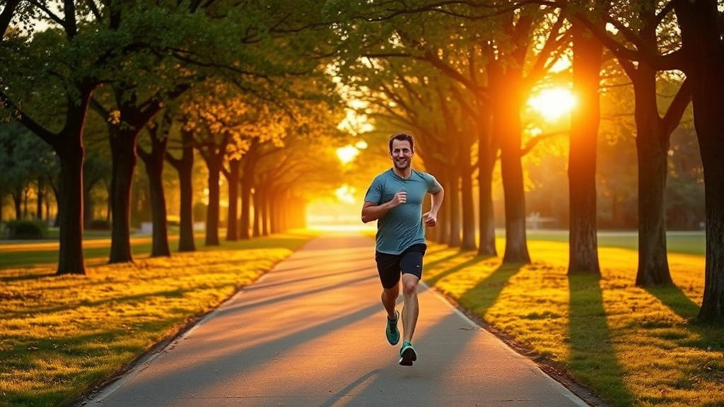 A person jogging outdoors through a tree-lined park path during golden hour, showing movement and wellness, confident posture, natural scenery, promoting active lifestyle integration with treatment