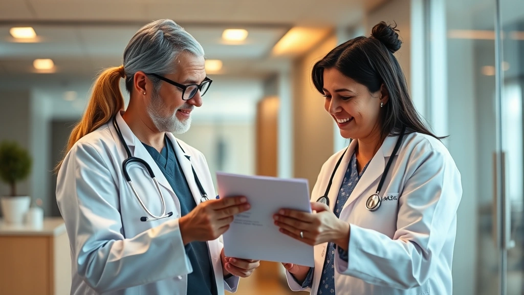 Healthcare professional discussing results with patient in modern clinic setting, warm lighting, both appearing positive and engaged, emphasizing supportive medical care and patient-doctor communication