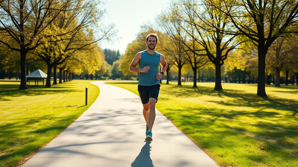A person jogging on a sunny park path with trees and natural scenery, appearing energetic and healthy, wearing fitness clothes and smartwatch, embodying active lifestyle combined with medication management