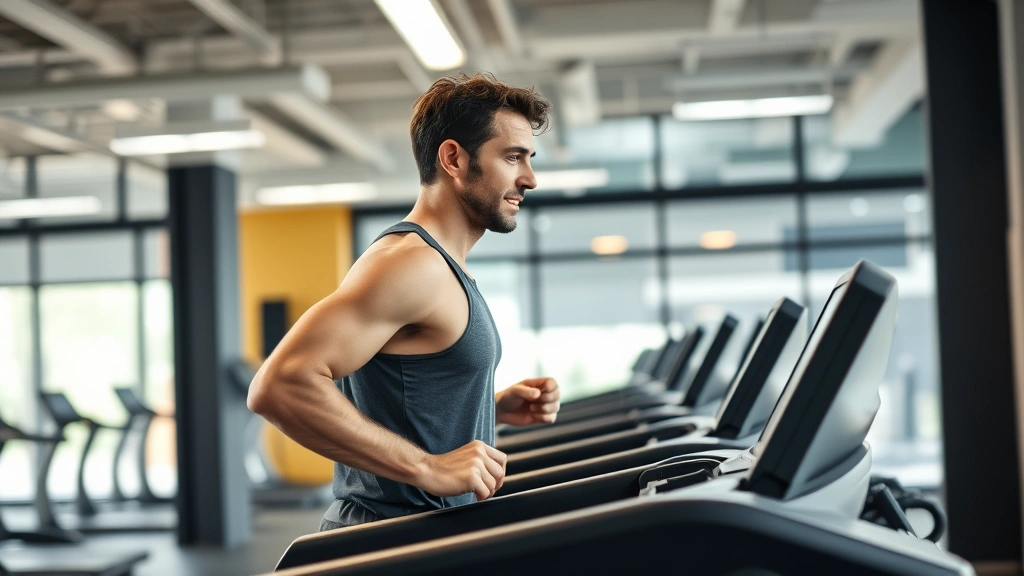 A person exercising on a treadmill in a modern gym, focused expression, good form, energetic but sustainable pace, bright gym lighting, showing active lifestyle integration