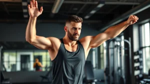 A fit man in athletic wear stretching in a modern gym with dumbbells and resistance equipment visible, natural lighting, focused expression, healthy and energized appearance