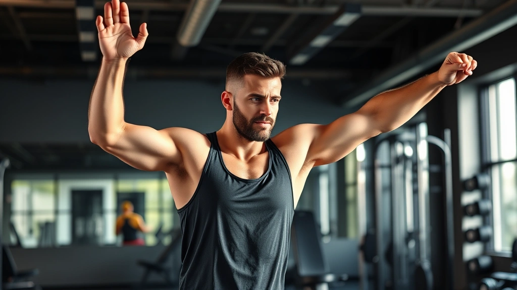 A fit man in athletic wear stretching in a modern gym with dumbbells and resistance equipment visible, natural lighting, focused expression, healthy and energized appearance