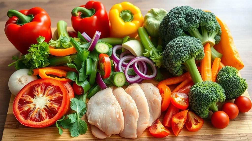 Colorful fresh vegetables and lean proteins arranged on wooden cutting board, vibrant bell peppers, broccoli, chicken breast, natural kitchen lighting