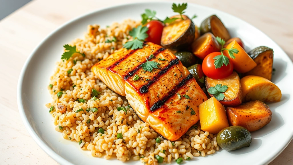 A colorful plate with grilled salmon, quinoa, roasted vegetables, and fresh herbs, natural daylight photography, appetizing and nutritious meal presentation, no text or labels