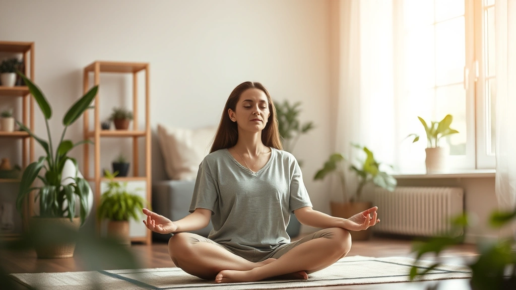 A person meditating in a peaceful home environment with soft natural light, plants visible, calm and relaxed posture, wellness-focused scene, no text or distractions