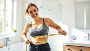 A person measuring their waist with a measuring tape, smiling confidently in a bright, modern bathroom with natural light streaming through a window, showing progress in their wellness journey