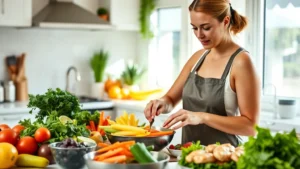 Woman preparing fresh colorful vegetables and lean proteins in a bright kitchen, healthy meal prep scene with bowls of whole foods, natural lighting, warm and inviting atmosphere