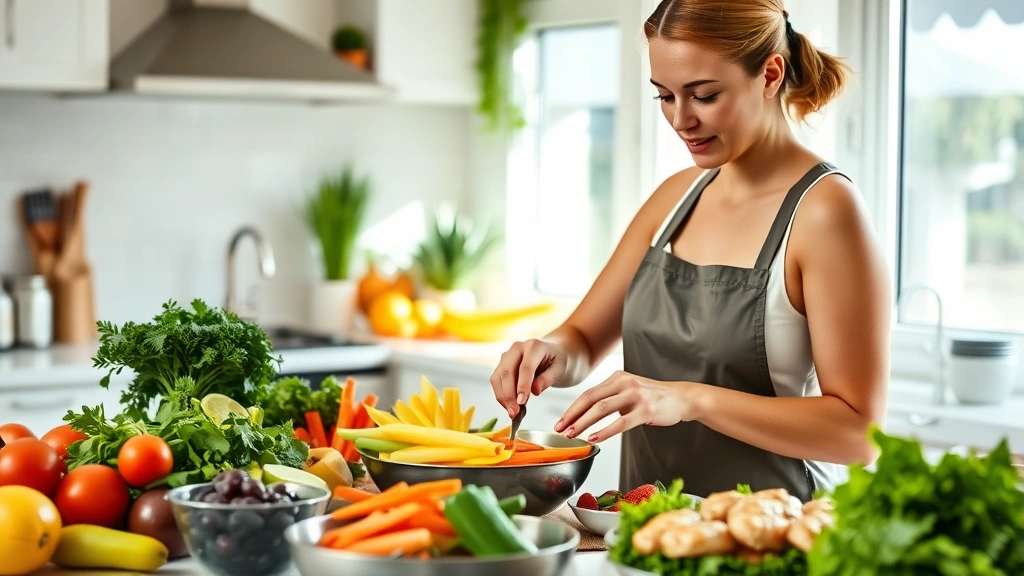 Woman preparing fresh colorful vegetables and lean proteins in a bright kitchen, healthy meal prep scene with bowls of whole foods, natural lighting, warm and inviting atmosphere