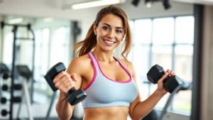 Woman in fitness attire doing strength training with dumbbells in bright, modern gym, smiling with confidence and energy, natural lighting highlighting healthy glow