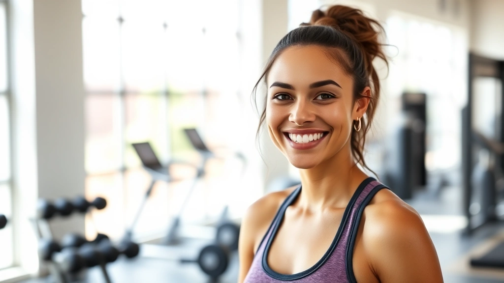 Person in workout attire smiling confidently in a bright gym with dumbbells and exercise equipment visible in background, natural lighting, wellness focused