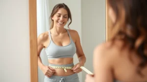 Woman measuring waist in mirror, smiling, wellness-focused, natural lighting, healthy lifestyle representation, no text or numbers visible