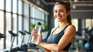 Woman in professional fitness attire holding water bottle in modern gym with morning light, smiling confidently while looking toward camera with supportive wellness environment visible