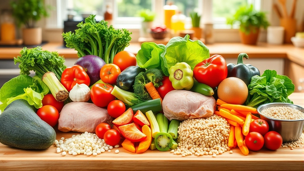 A colorful variety of fresh vegetables, lean proteins, and whole grains arranged on a wooden cutting board in a sunlit kitchen, representing balanced nutrition and healthy meal preparation