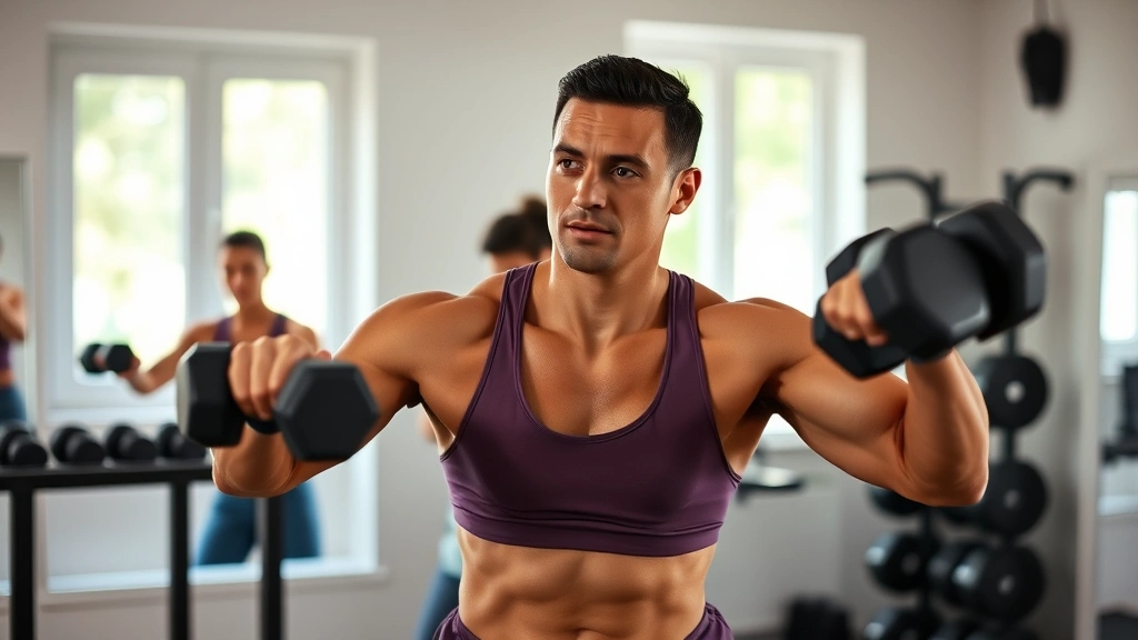 Person doing resistance training with dumbbells in a home gym setting, focused and energetic, natural window lighting, diverse representation, no mirrors or scales visible