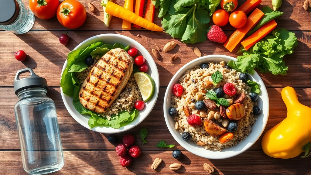 Overhead view of colorful whole foods on wooden table: grilled chicken breast, quinoa bowl, fresh vegetables, berries, nuts, water bottle, bright natural lighting