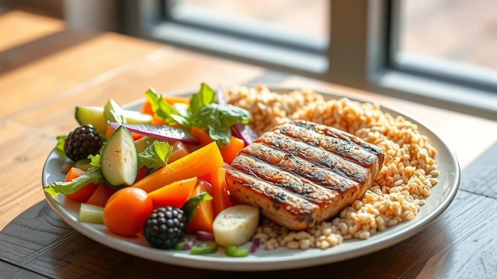 Colorful plate of fresh vegetables, grilled lean protein, and whole grains on wooden table, natural sunlight, appetizing presentation