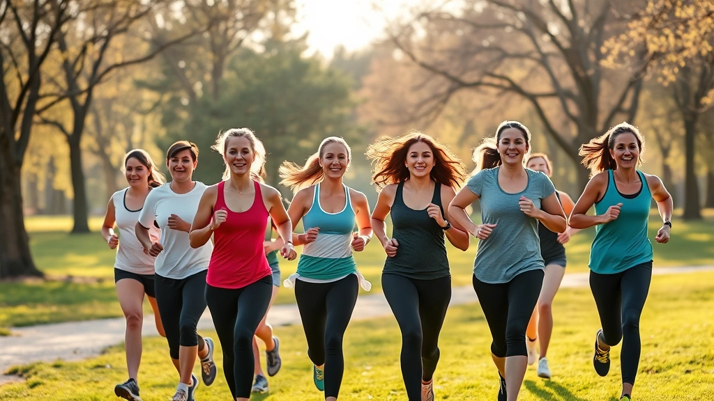 Diverse group exercising together outdoors, jogging in park, supportive community, morning sunlight, active lifestyle, no fitness watches or text