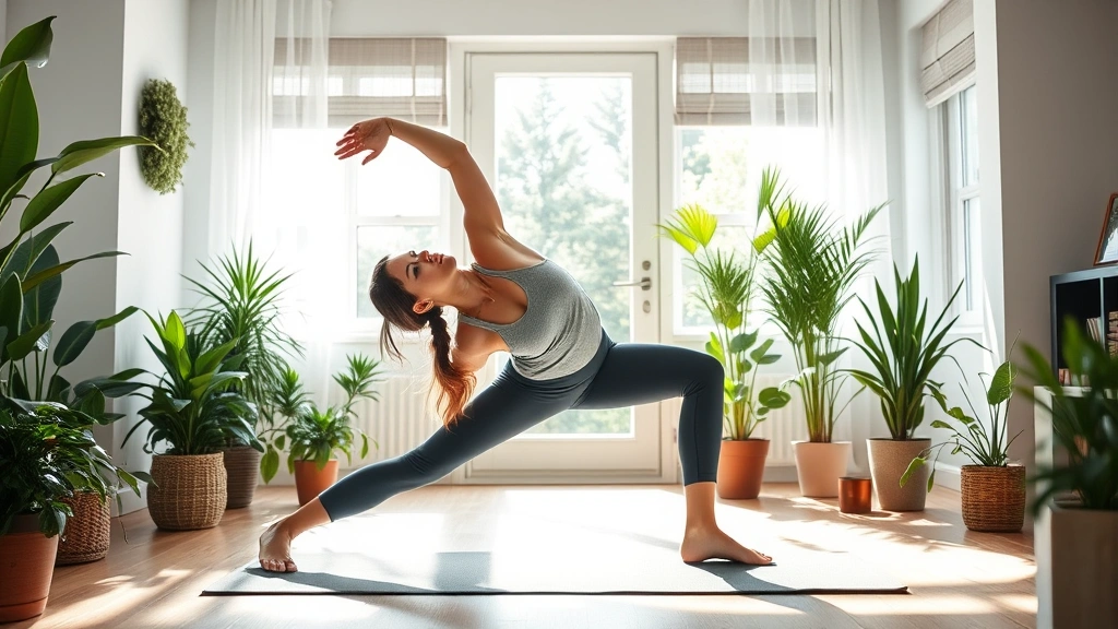 Person stretching in bright home setting wearing comfortable workout clothes surrounded by plants and natural sunlight, appearing relaxed energized and peaceful
