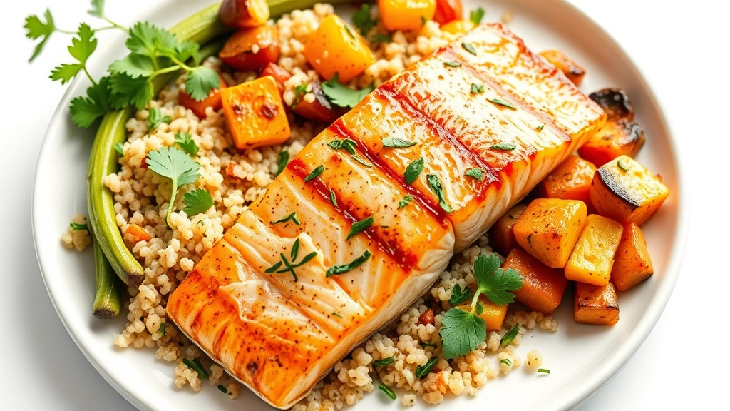 Colorful plate with grilled salmon, roasted vegetables, quinoa, and fresh herbs, professional food photography with clean white background, wellness-focused composition