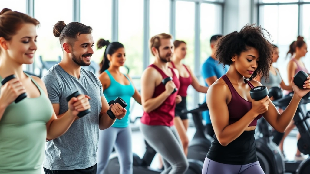 A diverse group of people exercising together in a modern gym setting—some doing resistance training with dumbbells, others on cardio equipment—showing community support and diverse fitness approaches