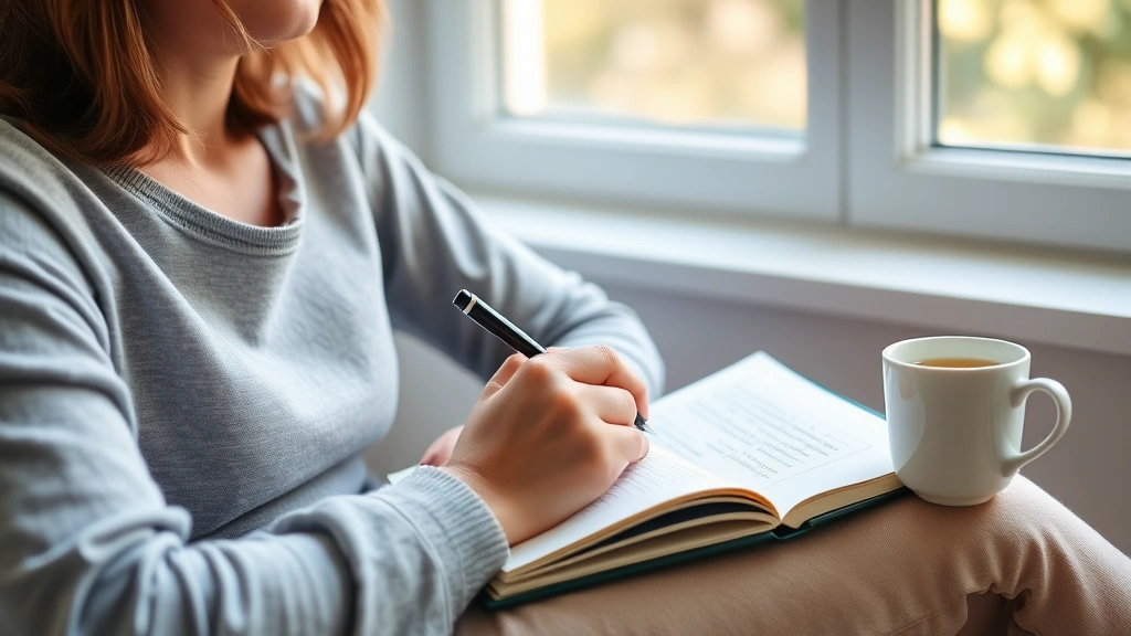 Person journaling with tea cup nearby, natural window light, peaceful expression showing mental wellness and self-reflection practices