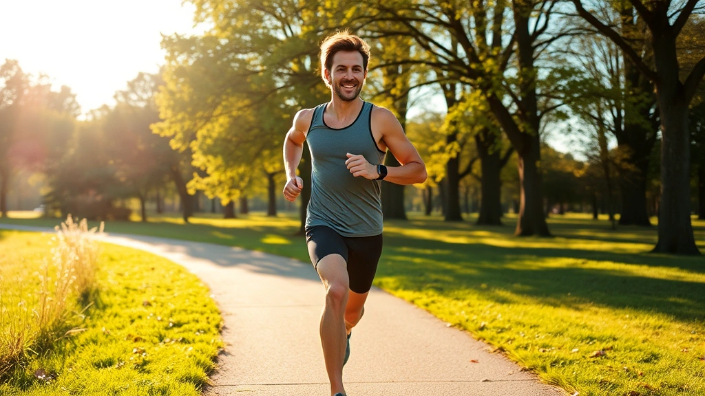 Person jogging outdoors on sunny morning through park path, trees in background, athletic wear, confident posture, fresh and healthy appearance, morning light