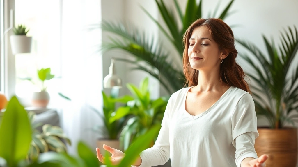 Woman meditating peacefully in serene indoor setting with plants, soft natural light, relaxed posture, wellness atmosphere