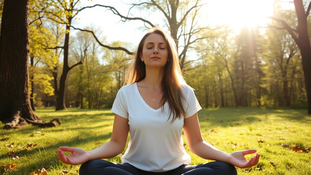 Woman meditating peacefully outdoors in natural setting with trees and sunlight, calm expression, representing mental health and wellness journey