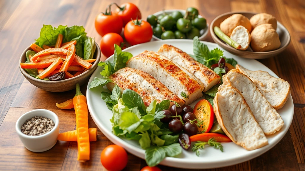 Nutritious meal spread on wooden table, colorful vegetables and lean protein, natural ingredients, warm lighting, healthy eating concept, no nutritional labels