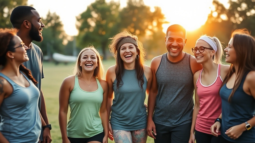 Diverse group of people in casual athletic wear laughing together outdoors in park setting during golden hour, representing community and sustainable wellness journey
