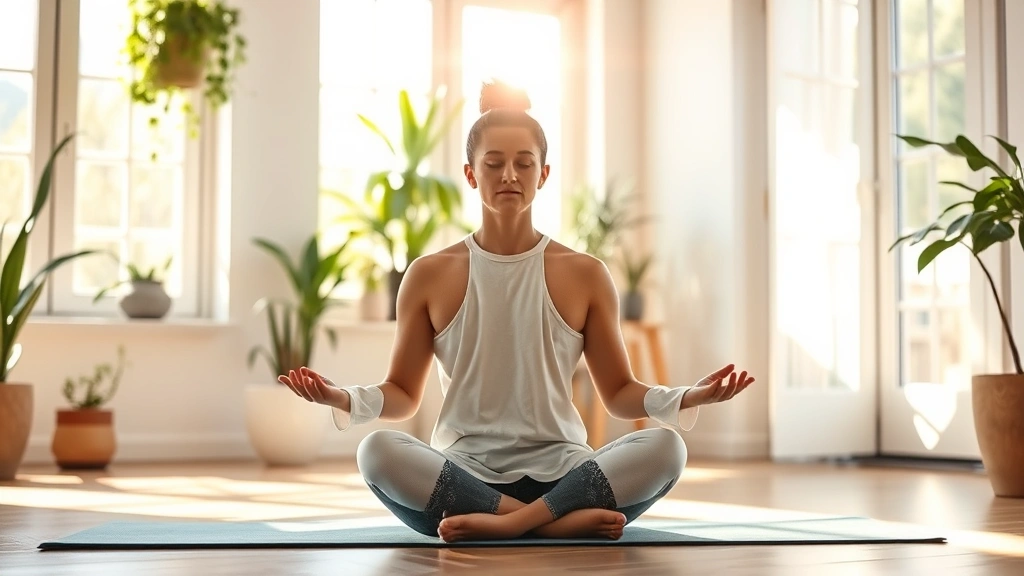 Person meditating on yoga mat in peaceful home environment, morning sunlight streaming through windows, plants visible, embodying mental wellness and self-care
