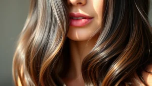 Close-up of healthy, shiny hair with natural light, woman with thick brunette waves, wellness lifestyle photorealistic, no text