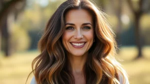 Woman with thick, healthy long hair in sunlight, smiling confidently, professional portrait, wellness aesthetic, natural lighting, no text or numbers visible
