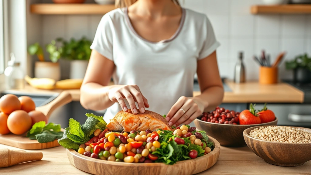 Woman in kitchen preparing colorful nutrient-dense meal with salmon, leafy greens, legumes, and whole grains, bright natural lighting, healthy eating visualization