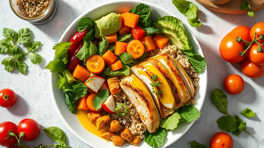 Overhead view of a nutritious meal bowl with grilled chicken, colorful vegetables, quinoa, and olive oil drizzle on white plate, fresh ingredients scattered around, bright natural lighting, health-focused composition