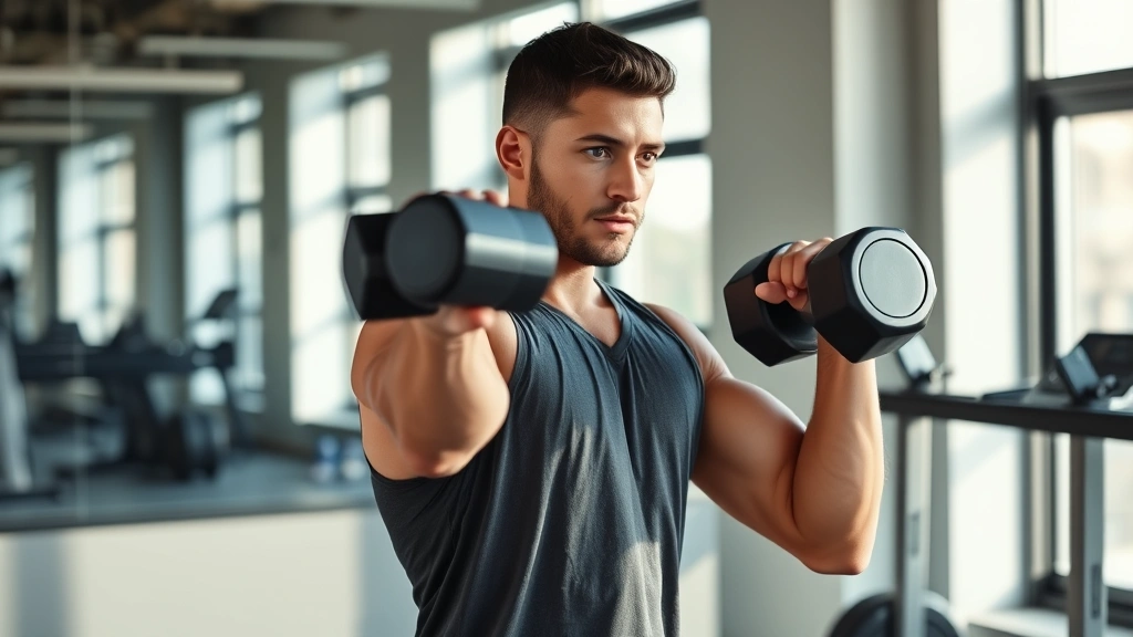 Person doing strength training exercise with dumbbells in modern gym, focused expression, proper form, morning sunlight through windows, active lifestyle, no mirrors or reflective surfaces showing text